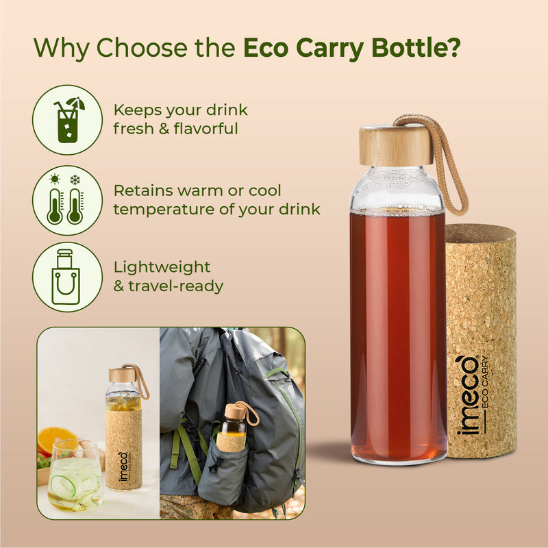 ECO CARRY Borosilicated Glass Water Bottle with Cork Sleeve Cover (500 ml)