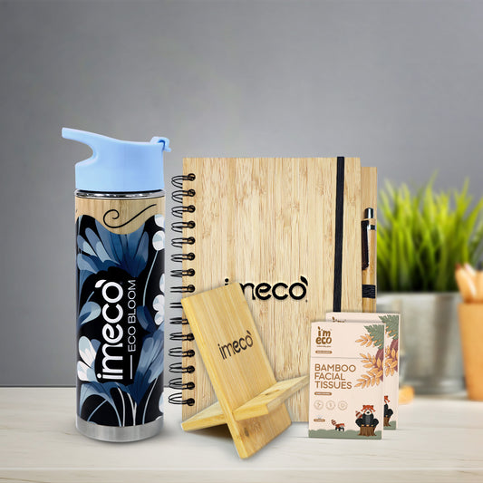 Bamboo Office Desk Essentials - ECO BLOOM Bamboo Water Bottle with Mobile Stand, Bamboo Diary with Pen and Pocket Tissue (2 Pack)