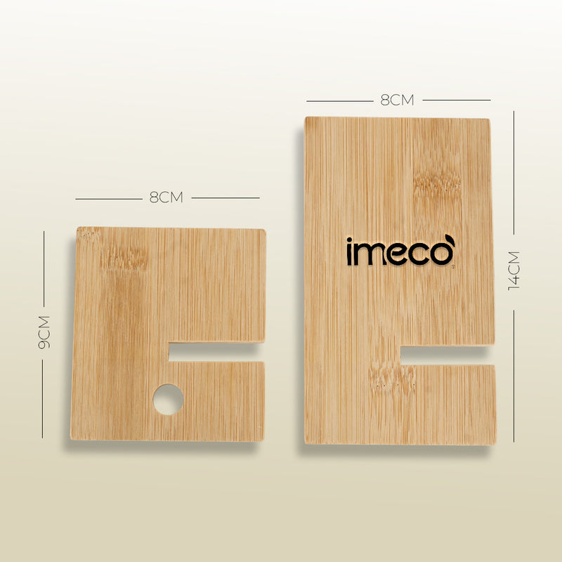 two bamboo mobile stand with dimensions and imeco branding on a beige background