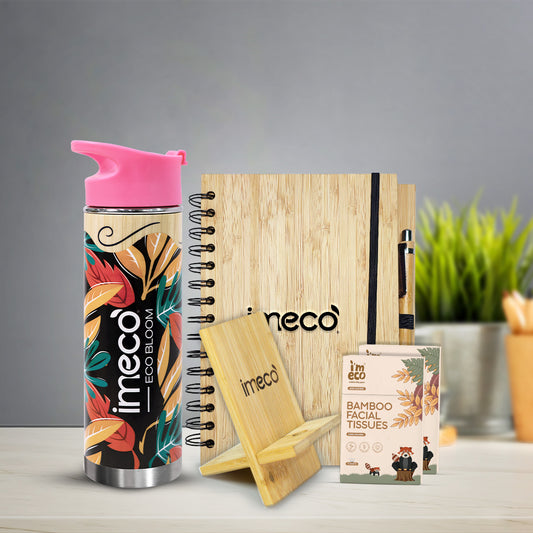 Bamboo Office Desk Essentials - ECO BLOOM Bamboo Water Bottle with Mobile Stand, Bamboo Diary with Pen and Pocket Tissue (2 Pack)
