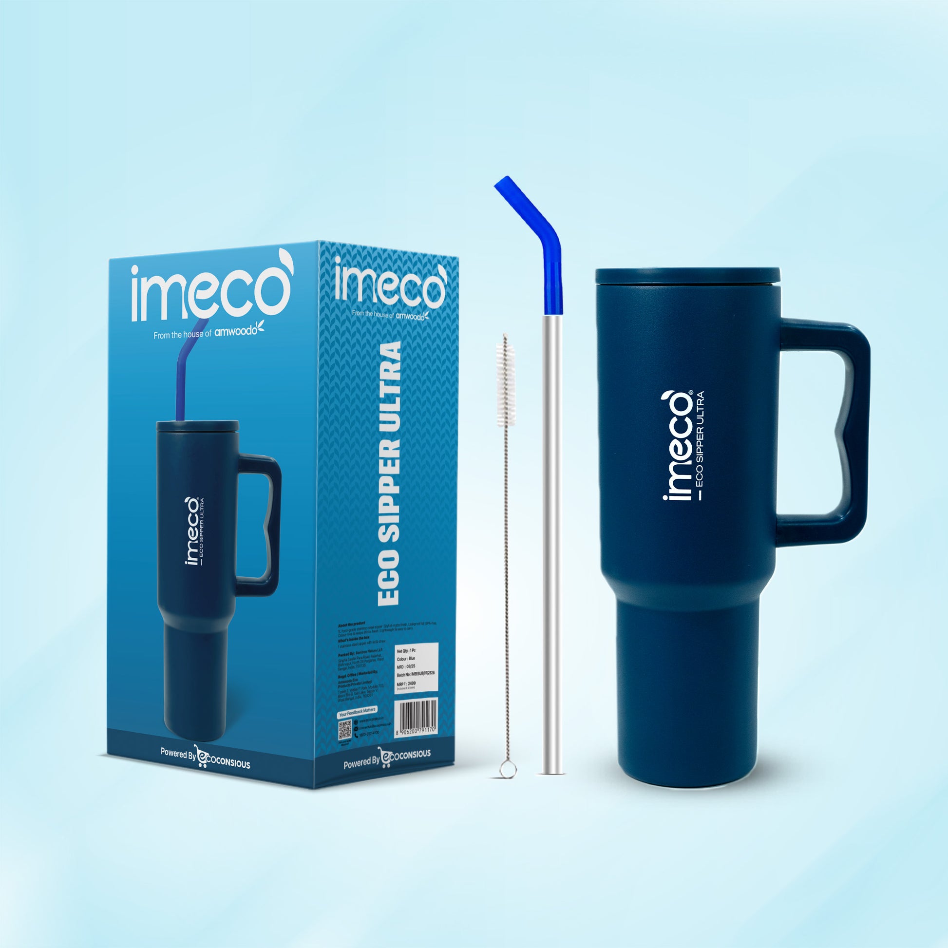 blue imeco eco sipper ultra with the straw and cleaner against a white background