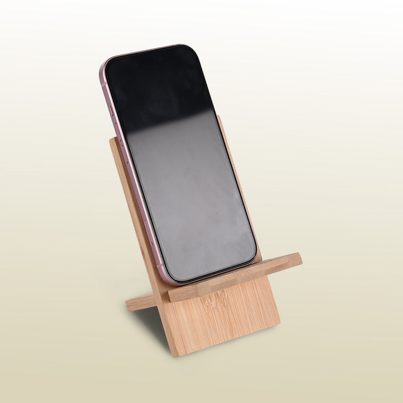 phone on a imeco bamboo mobile stand against a beige background