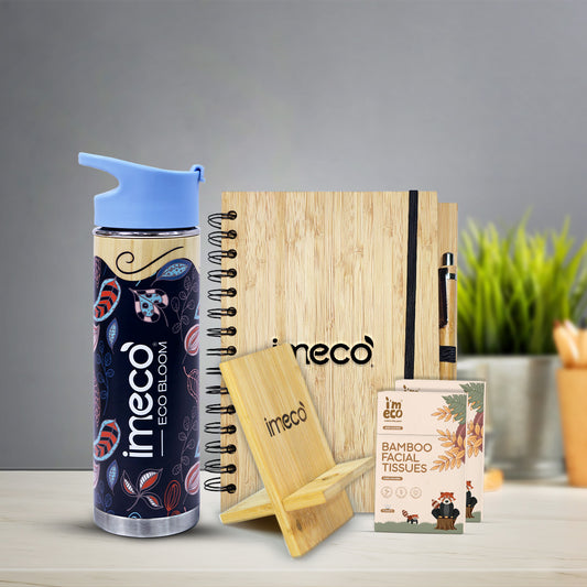 Bamboo Office Desk Essentials - ECO BLOOM Bamboo Water Bottle with Mobile Stand, Bamboo Diary with Pen and Pocket Tissue (2 Pack)
