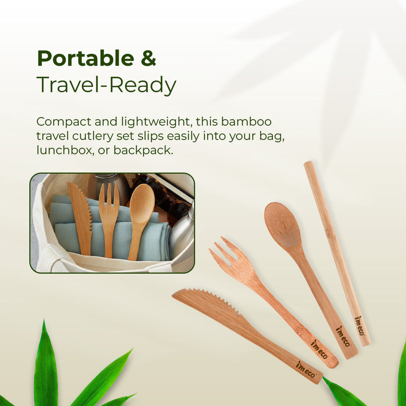 Bamboo Cutlery Set – Knife, Spoon, Fork & Straw – All in One