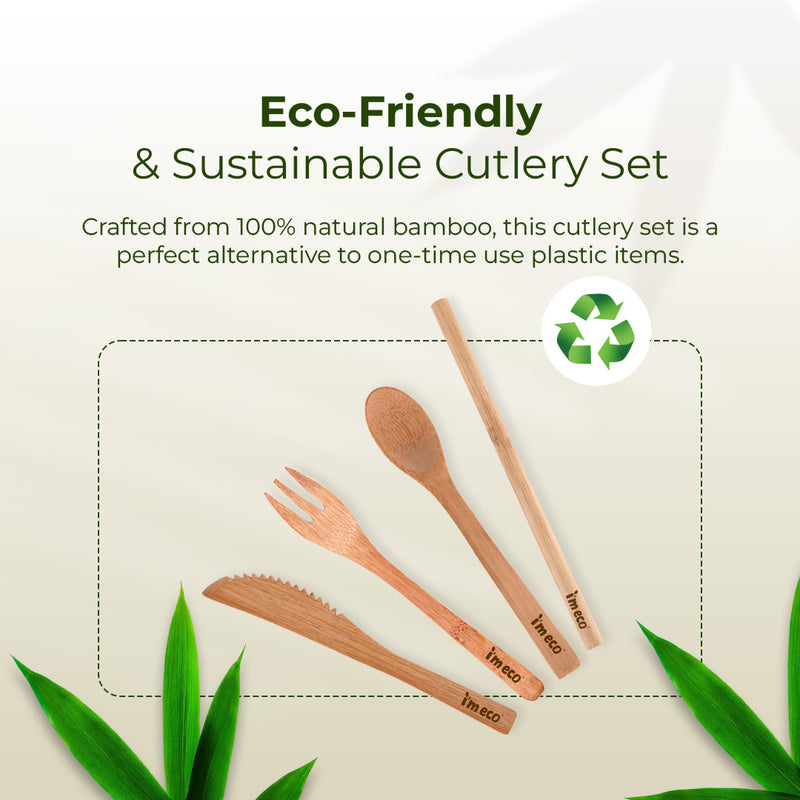Bamboo Cutlery Set – Knife, Spoon, Fork & Straw – All in One
