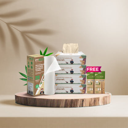 Bamboo Facial Tissues (Pack of 4) & Reusable Kitchen Towel Roll with 2 Free Disposable Razors