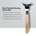 Eco-friendly EDGE 3 shaving razor placed beside a text mentioning its USPs like smooth shaving, comfortable grip, use of sustainable materials, and durability.