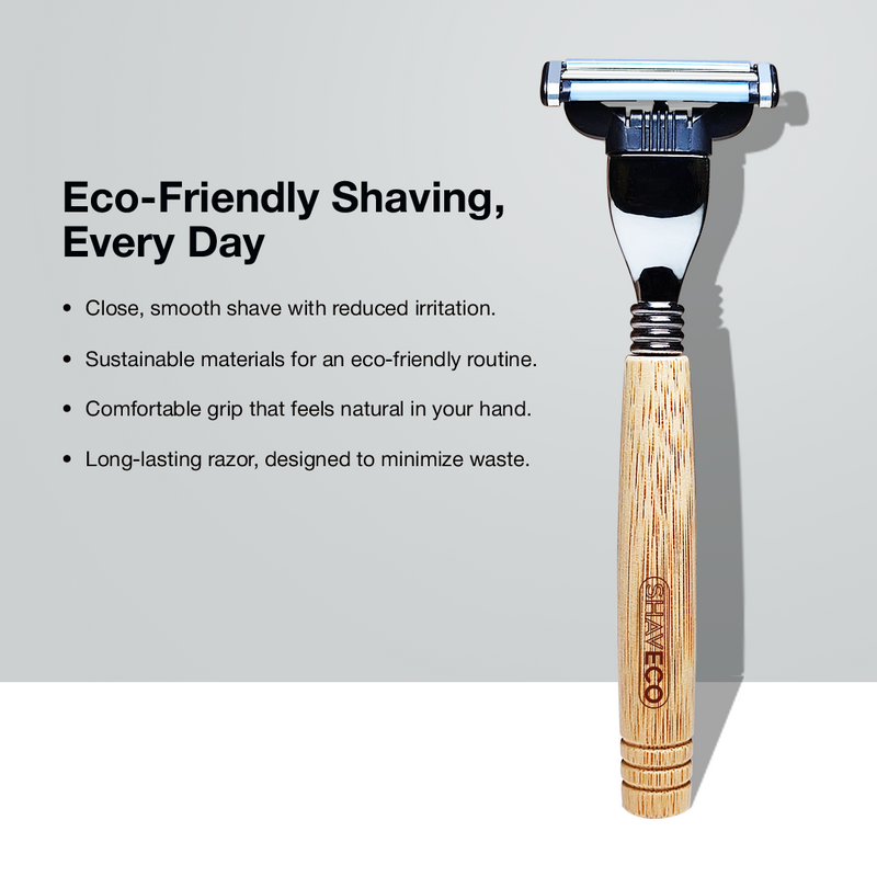 Eco-friendly EDGE 3 shaving razor placed beside a text mentioning its USPs like smooth shaving, comfortable grip, use of sustainable materials, and durability.