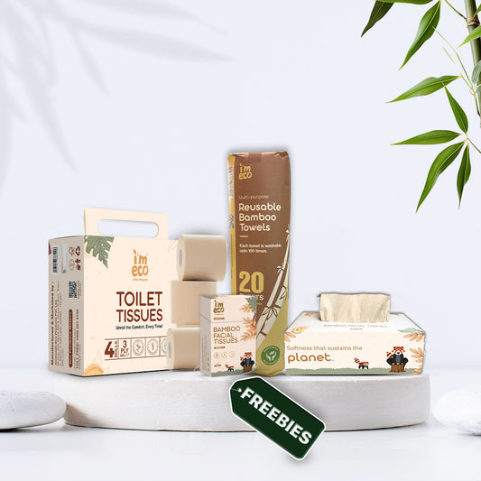 Eco-friendly toilet tissues, pocket tissues, facial tissues and kitchen towels with packaging on a white background.