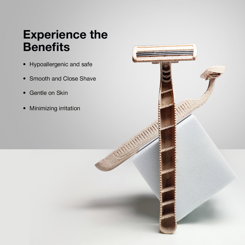 2 Shaveco bamboo husk razors are placed in different angles with a text highlighting its benefits like - hypoallergenic, safe, smooth shave, minimized irritation.