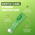 A green tube with mint leaves shown as ingredient. The text highlights the refreshing formula and strong protection the toothpaste provides.