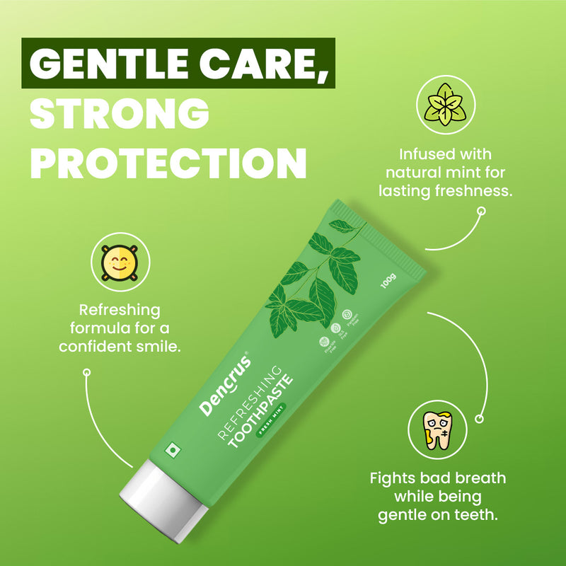 A green tube with mint leaves shown as ingredient. The text highlights the refreshing formula and strong protection the toothpaste provides.