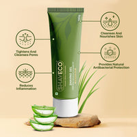 Green Shaveco shaving gel tube with aloe vera slices on a beige background and features shown with relevant icons.