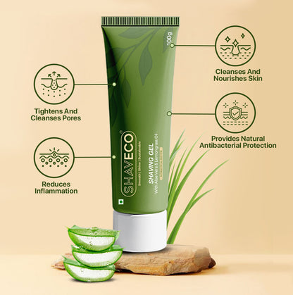 Green Shaveco shaving gel tube with aloe vera slices on a beige background and features shown with relevant icons.