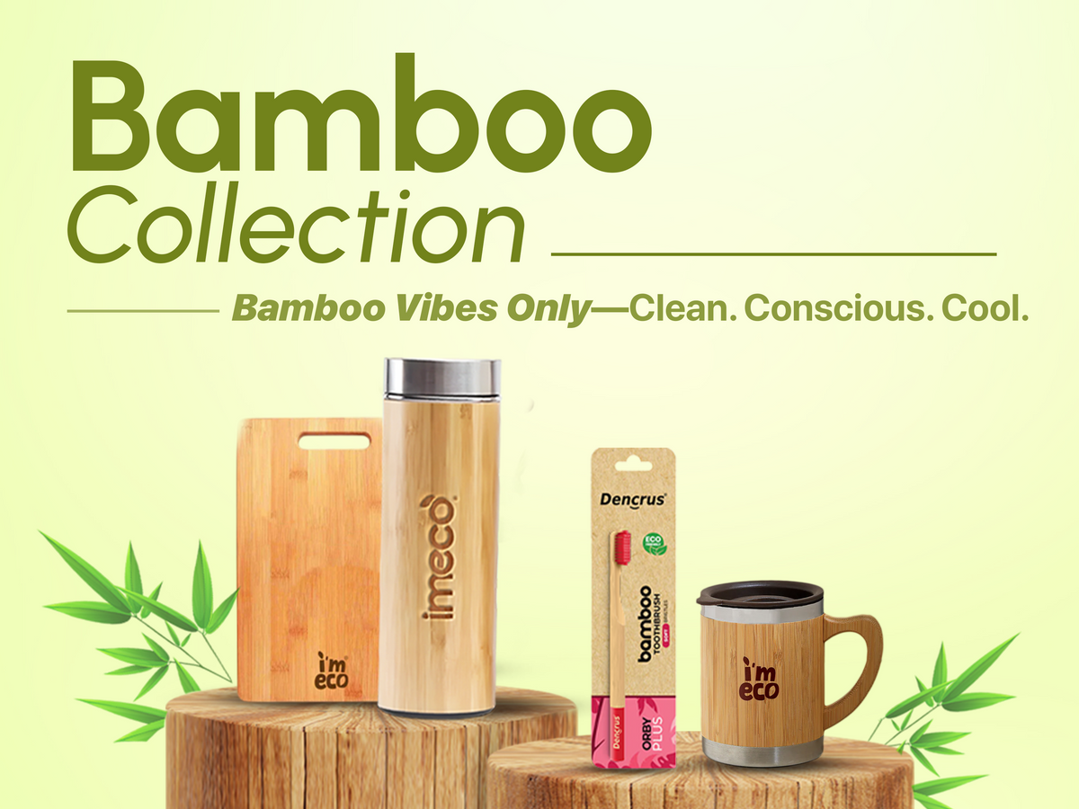 IMECO'S collection of bamboo products including bamboo chopper board, bamboo water bottle, toothbrush with soft bristles and bamboo coffee mug