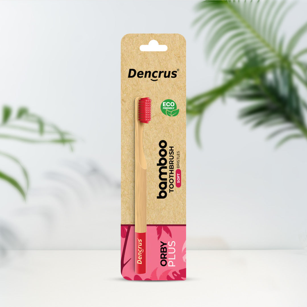 Dencrus Orby Plus Pink bamboo toothbrush packaging with a plant in the background.
