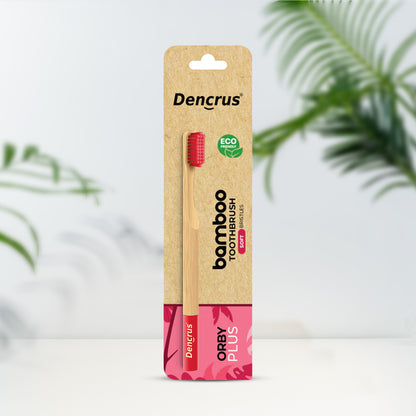 Dencrus Orby Plus Pink bamboo toothbrush packaging with a plant in the background.