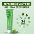 Dencrus' mint flavored toothpaste placed beside some mint leaves and a text highlighting '24 hours of freshness'.