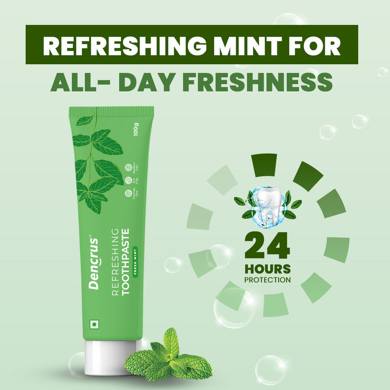 Dencrus' mint flavored toothpaste placed beside some mint leaves and a text highlighting '24 hours of freshness'.
