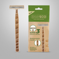 Two Shaveco Bamboo husk razor with a beige handle and green and white packaging that highlights eco-friendliness and biodegradable features.