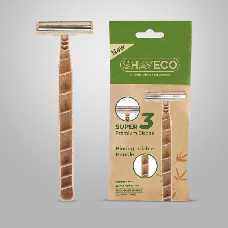 Two Shaveco Bamboo husk razor with a beige handle and green and white packaging that highlights eco-friendliness and biodegradable features.