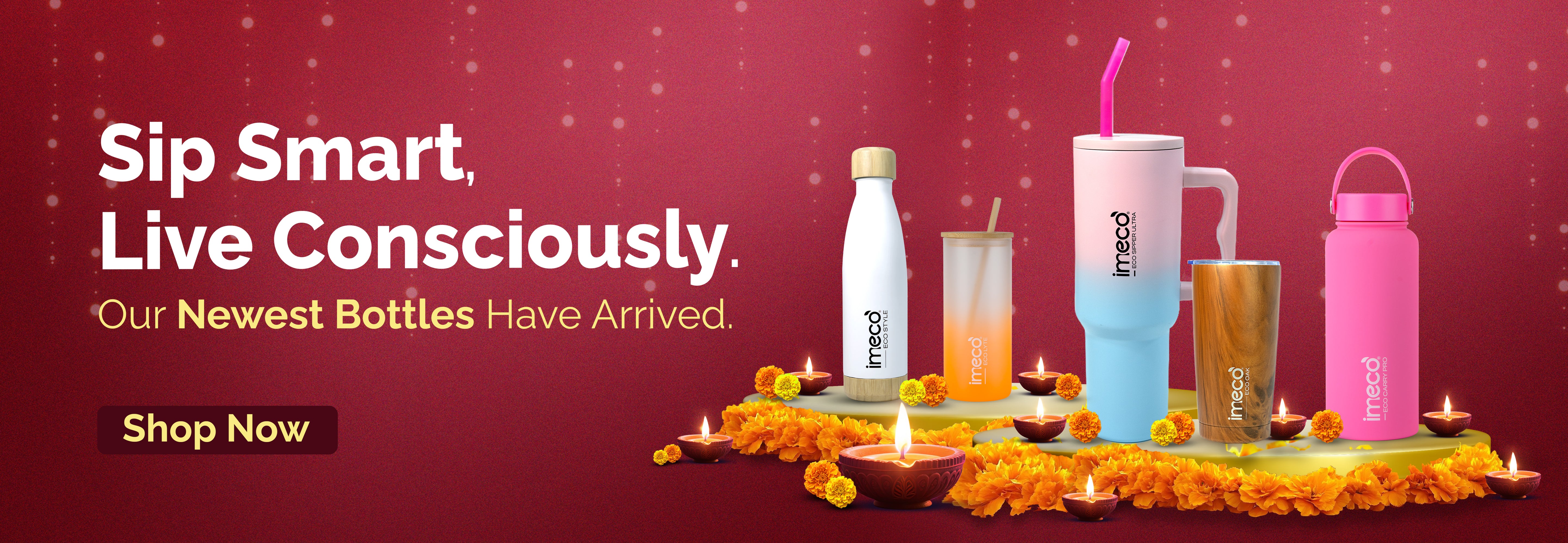 IMECO Promotional banner for bottles with text 'Sip Smart, Live Consciously' on a red background for Diwali celebration.2