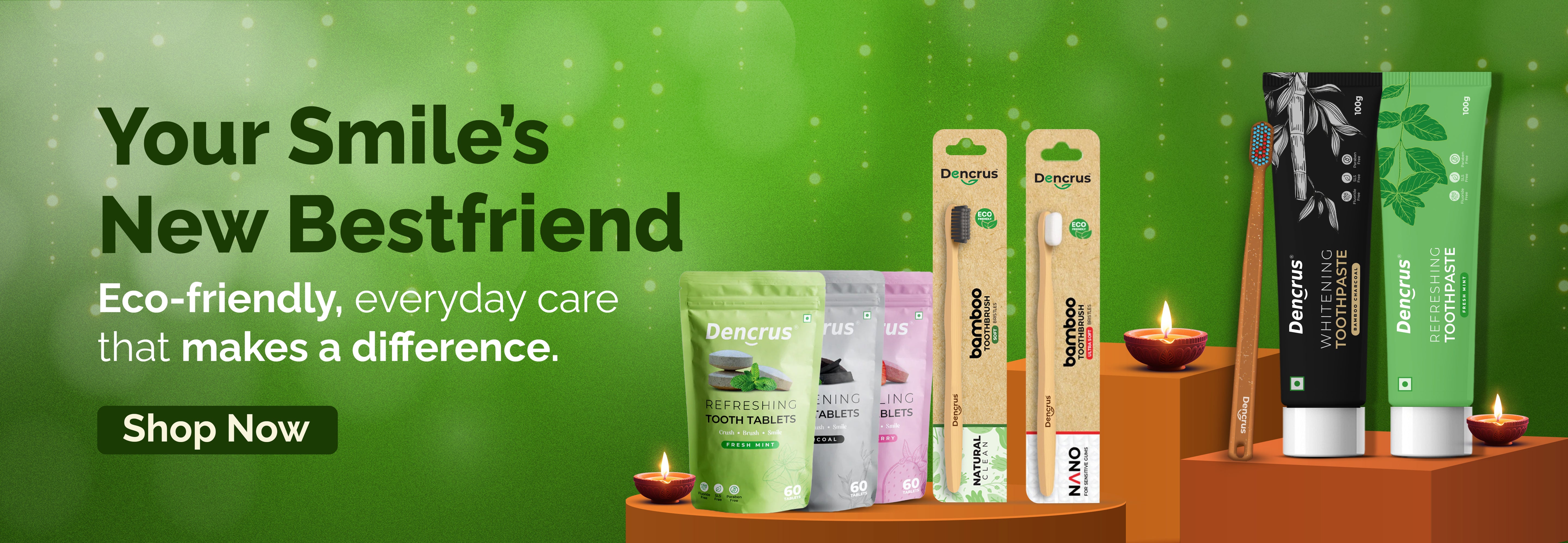 Dencrus dental care products with a green background and promotional text for Diwali.4