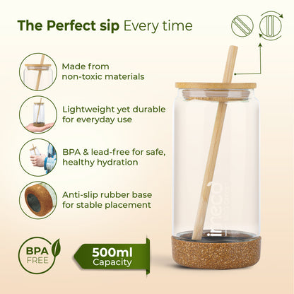 ECO CRYST Glass Sipper with Bamboo Lid & Straw (500 ml)