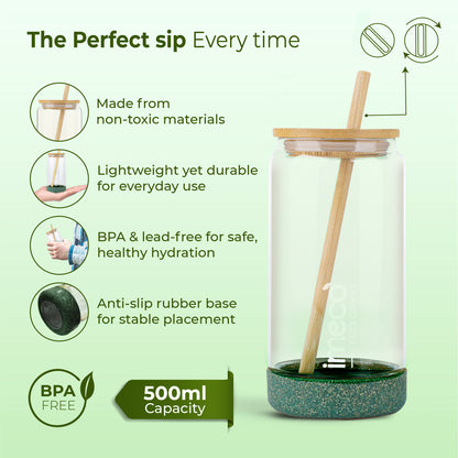 ECO CRYST Glass Sipper with Bamboo Lid & Straw (500 ml)