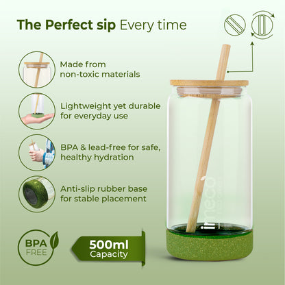 ECO CRYST Glass Sipper with Bamboo Lid & Straw (500 ml)