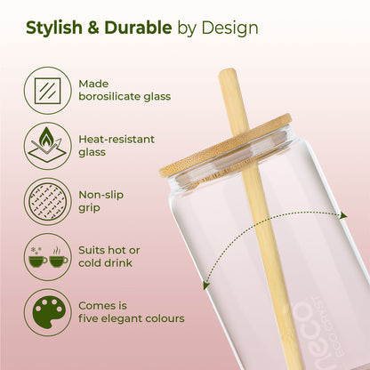 ECO CRYST Glass Sipper with Bamboo Lid & Straw (500 ml)