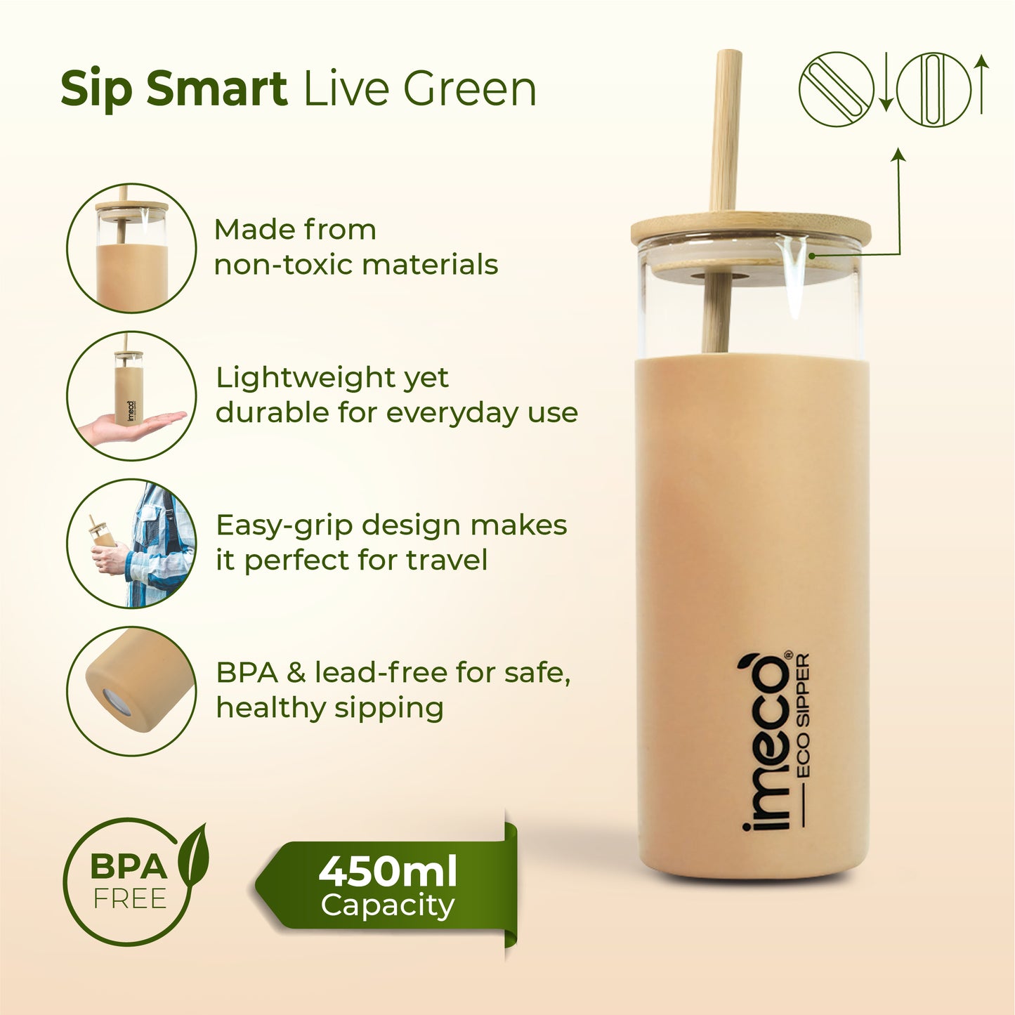 ECO-SIPPER Glass Sipper with Bamboo Straw (450 ml)
