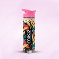 imeco bamboo bottle with floral design and pink cap on a light purple background