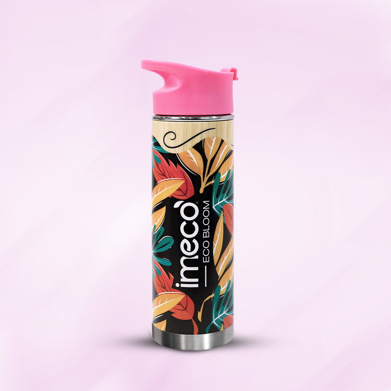 imeco bamboo bottle with floral design and pink cap on a light purple background
