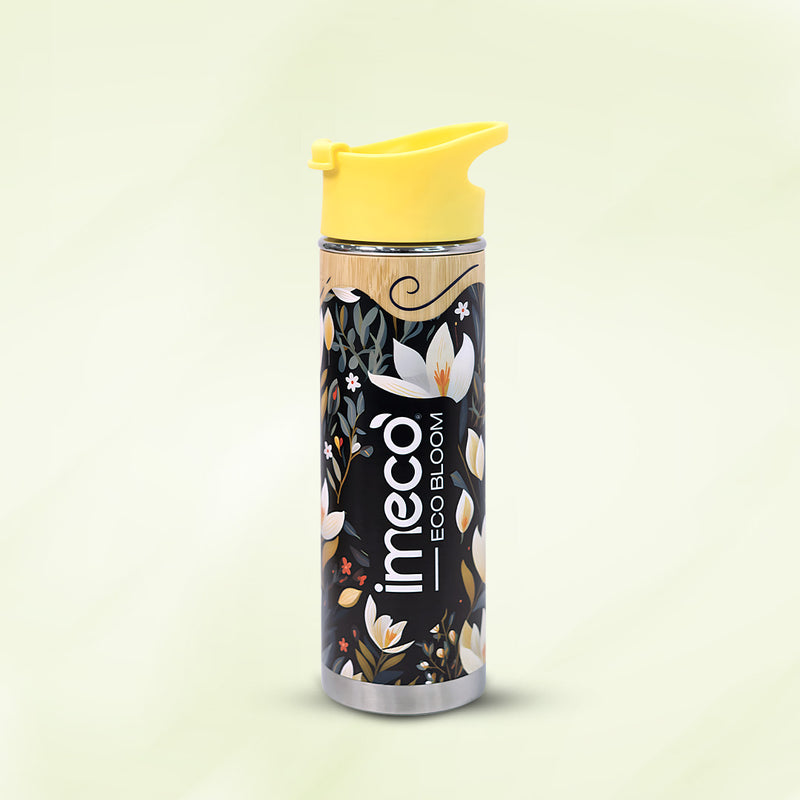 imeco eco bloom bamboo water bottle with a yellow cap against a white background