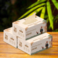 3 boxes of IMECO bamboo facial tissues on a wooden surface with a blurred green background.