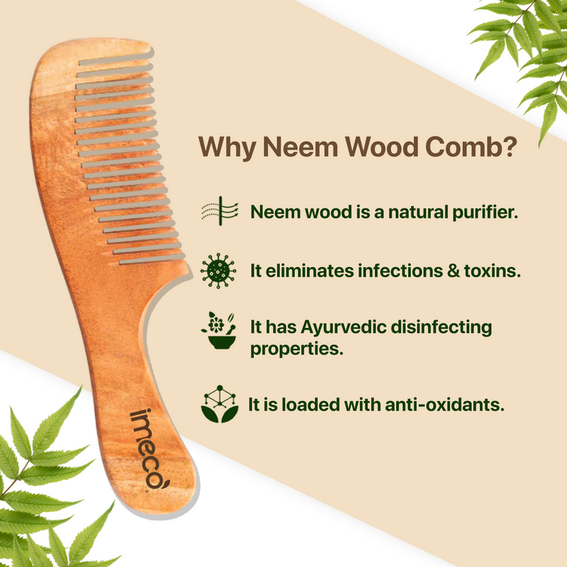 Neem wood comb shown with health benefits text - acts as a natural purifier, eliminates infections & toxins, has Ayurvedic disinfecting properties, and is loaded with anti-oxidants.