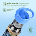 imeco eco bloom bamboo water bottle with a blue cap and strainer with temperature retention features mentioned against a light blue background