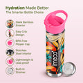 imeco eco bloom bamboo water bottle with a strainer and features mentioned against a light background