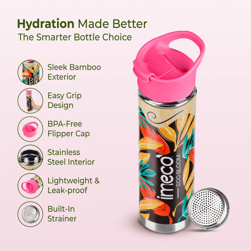 imeco eco bloom bamboo water bottle with a strainer and features mentioned against a light background