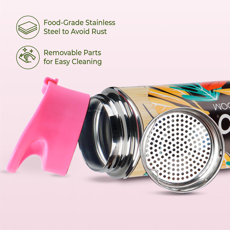 imeco stainless steel water bottle with a strainer against a light background with features mentioned