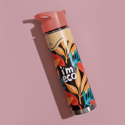 Red printed bamboo water bottle in a pink background.