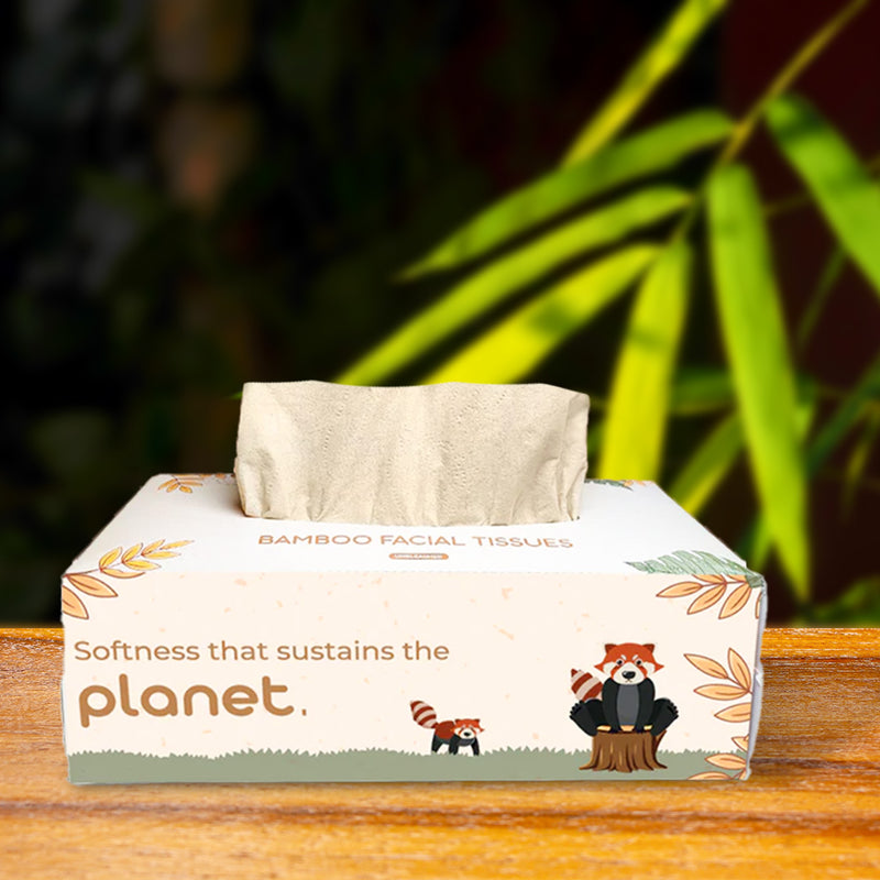 Box of bamboo facial tissues with a red panda design on a wooden surface with greenery in the background.