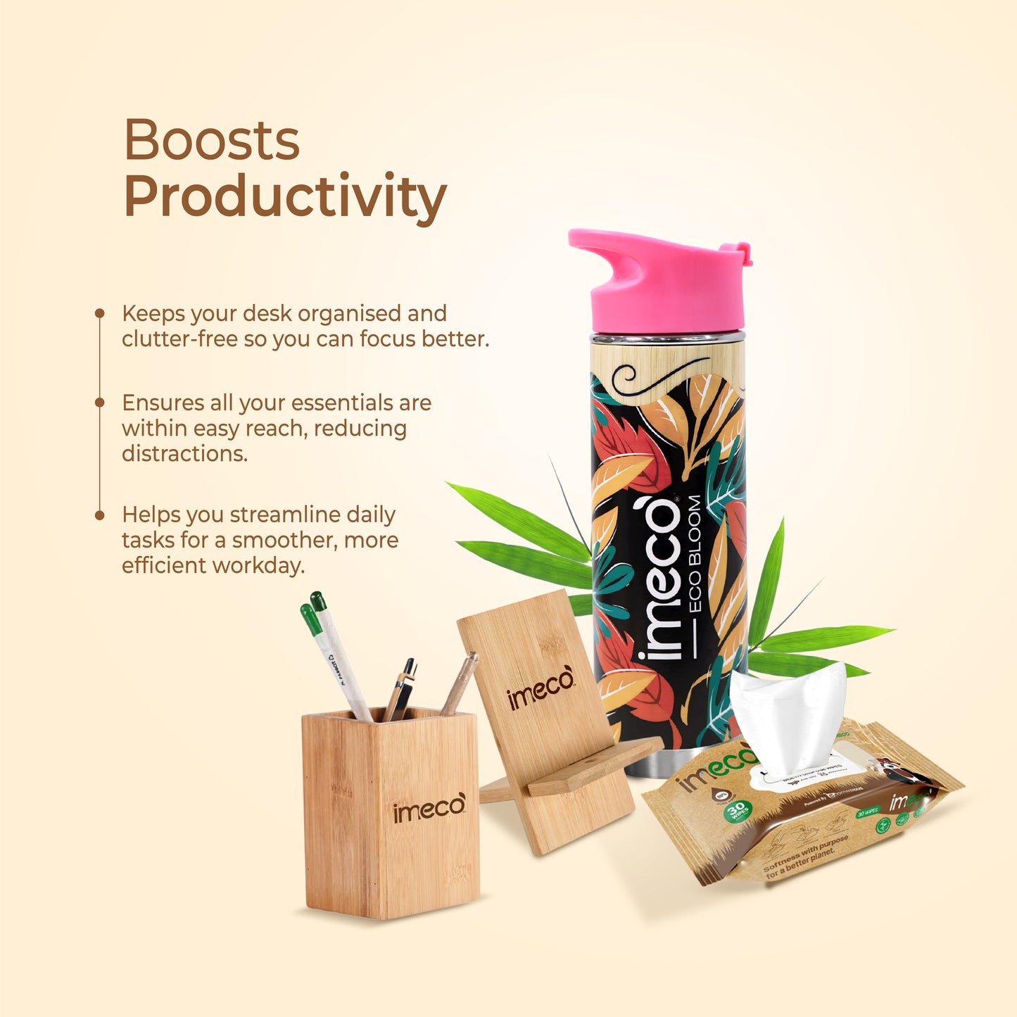 ECO BLOOM Bamboo Water Bottle with Mobile Stand, Pen Stand & Aloe Vera Wet Wipes - Office Essentials Combo