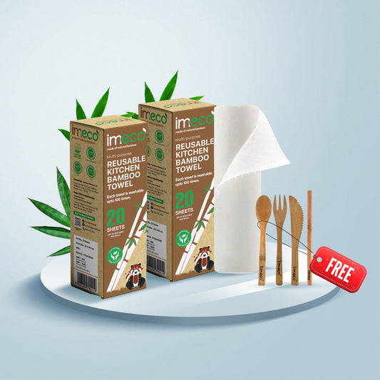 imeco reusable kitchen bamboo towel packaging with a freebie offer on a light blue background