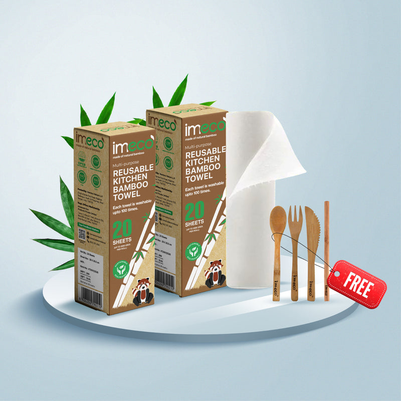 imeco reusable kitchen bamboo towel packaging with a freebie offer on a light blue background