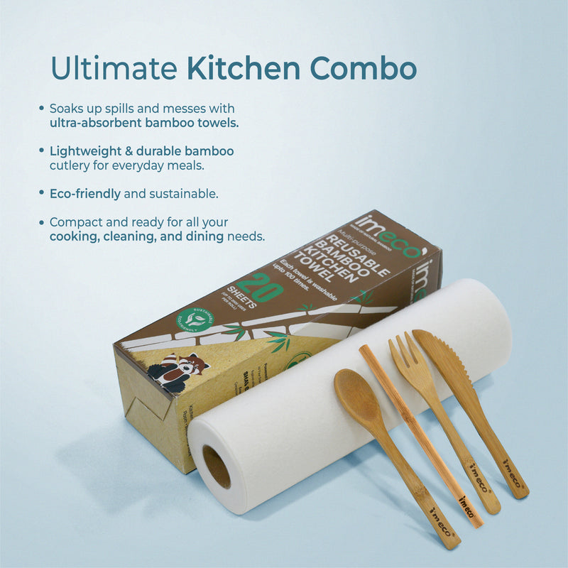 imeco bamboo kitchen combo with towels, cutlery, and packaging on a light blue background