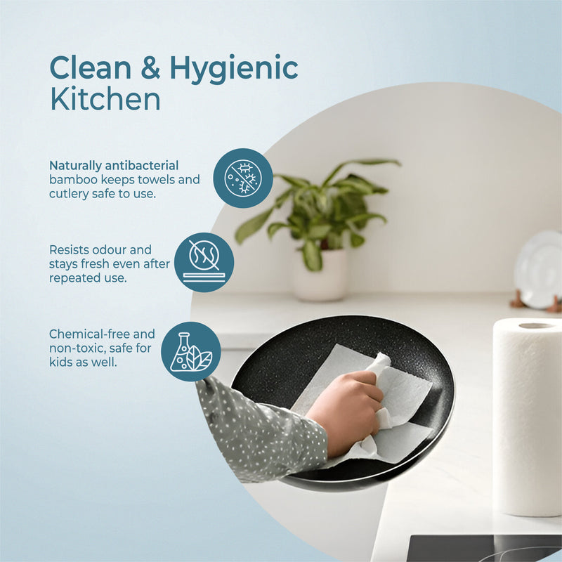 imeco bamboo kitchen towel with text on a kitchen counter, featuring a plant and a roll of paper towels.