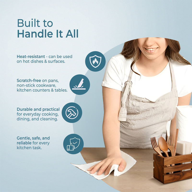 imeco woman in a kitchen setting with text about product features on a light blue background