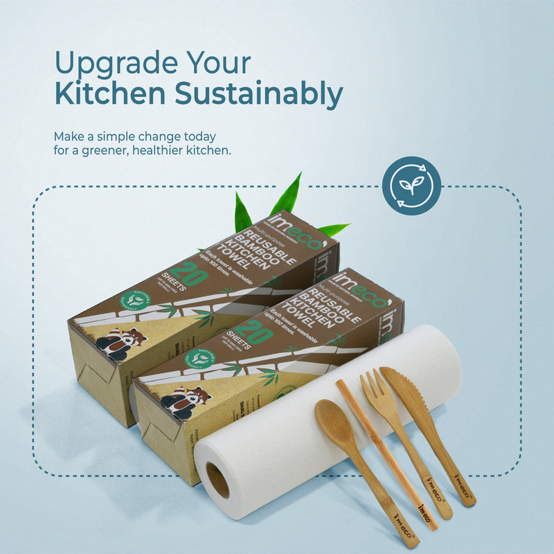 imeco sustainable kitchen products including paper towels, bamboo utensils, and packaging on a light blue background.